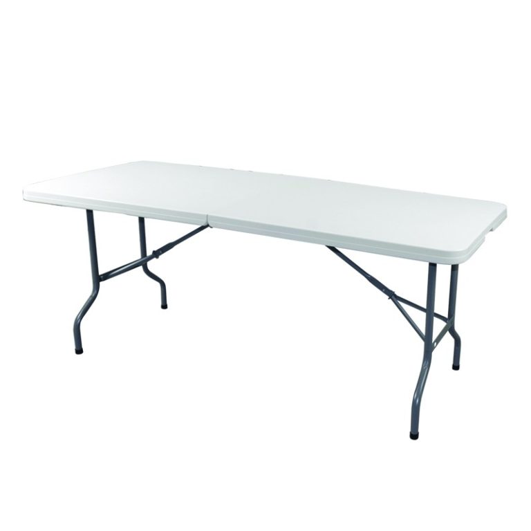 mesa plegable rectangular de 2 secciones 1.83x.76 plastico blanco